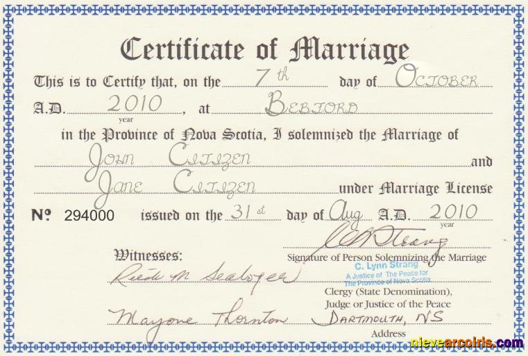 Canada Province of Nova Scotia marriage certificate